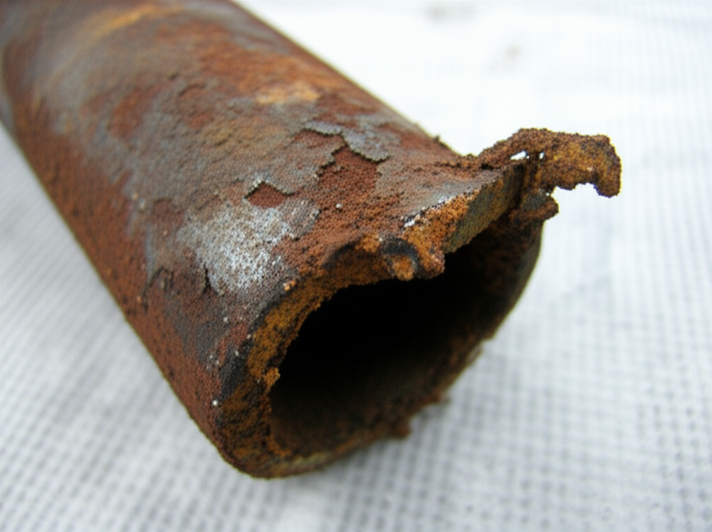 Cano antigo corroído e danificado pelo uso excessivo de soda cáustica.