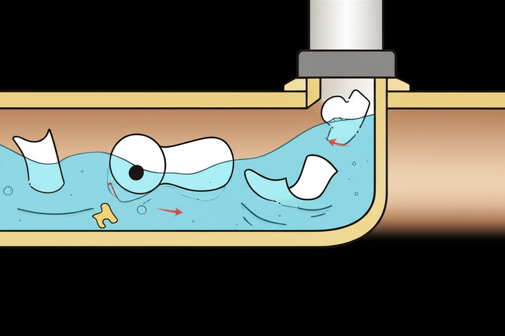 Ilustração de um cano de esgoto entupido com papel higiênico, demonstrando visualmente os problemas que o descarte inadequado pode causar.