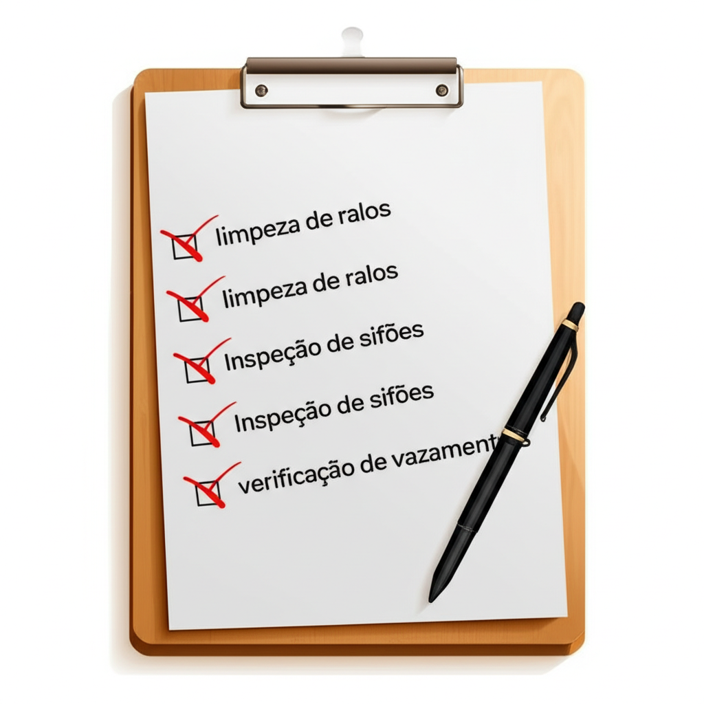 Imagem de um checklist de manutenção preventiva, com itens como 'limpeza de ralos', 'inspeção de sifões' e 'verificação de vazamentos' marcados como concluídos.