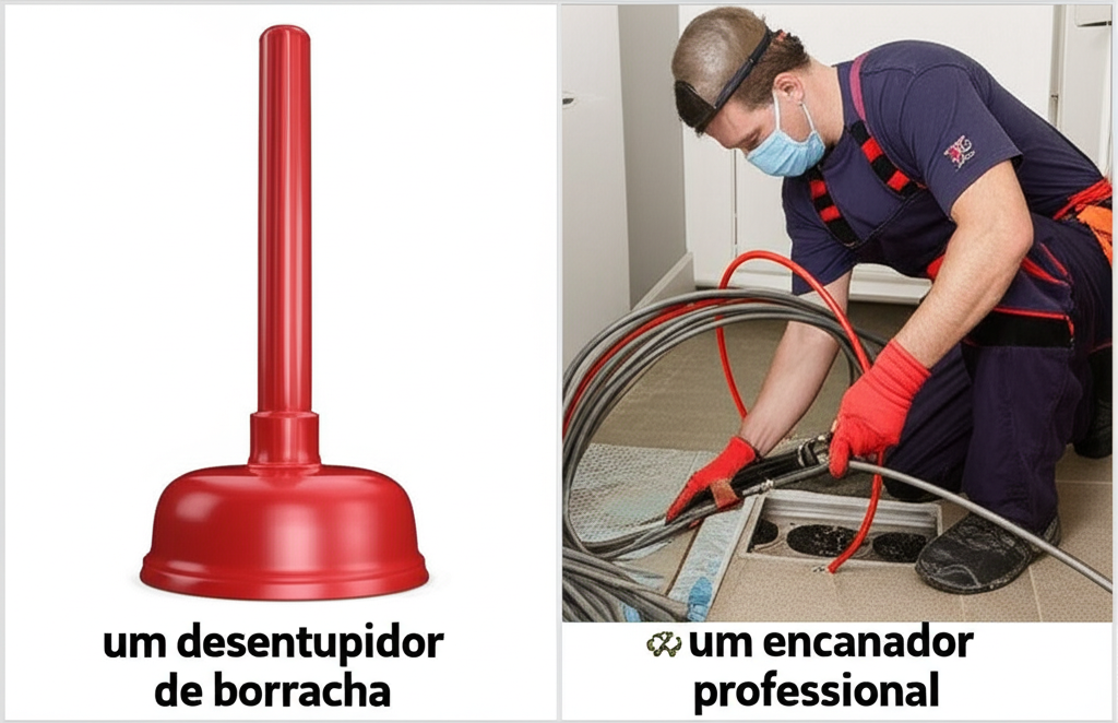 Comparativo visual entre um desentupidor de borracha e um encanador profissional utilizando equipamentos de desentupimento.