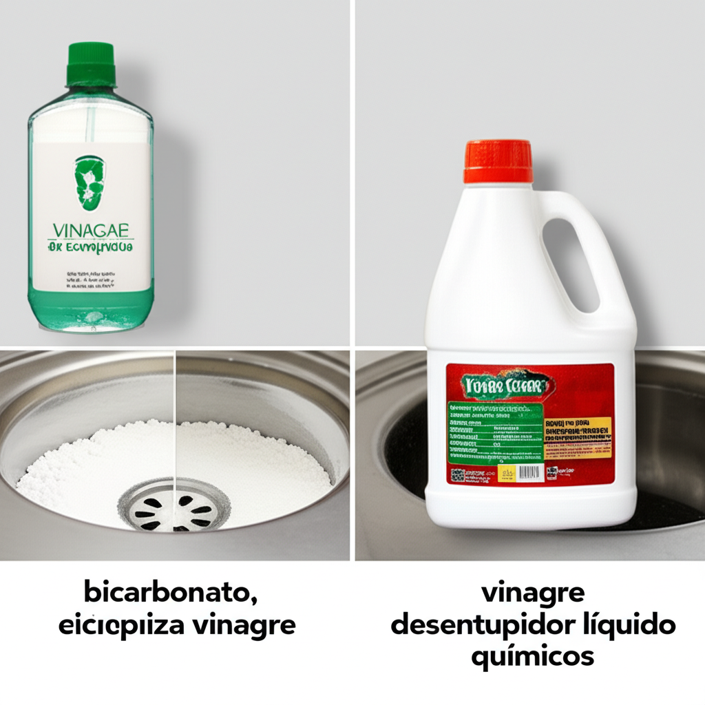 Comparativo visual de produtos de limpeza naturais (bicarbonato, vinagre) e químicos (desentupidor líquido) para ralos.
