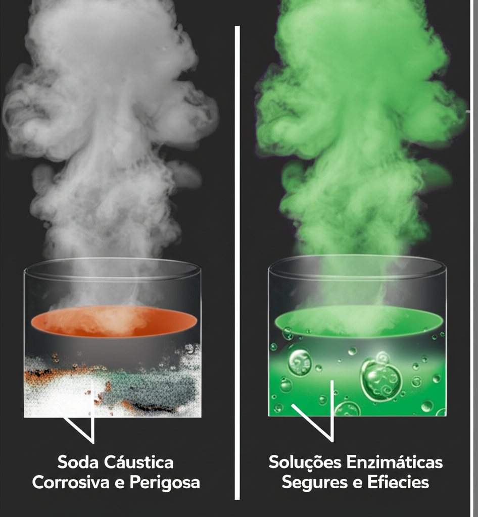 Comparativo visual entre soda cáustica e soluções enzimáticas, destacando os benefícios da segunda opção.