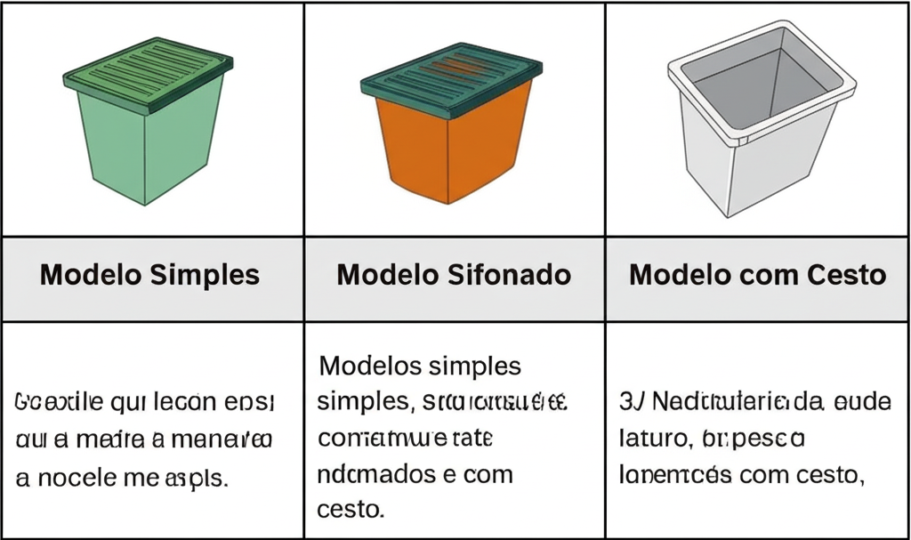 Comparativo entre diferentes tipos de caixas de gordura: modelos de alvenaria, PVC e inox, destacando suas características e aplicações.
