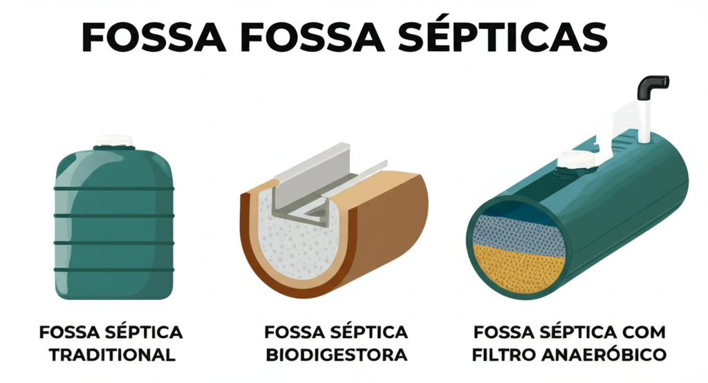 Comparativo visual entre diferentes tipos de fossas sépticas, incluindo fossa séptica tradicional, fossa séptica biodigestora e fossa séptica com filtro anaeróbico.