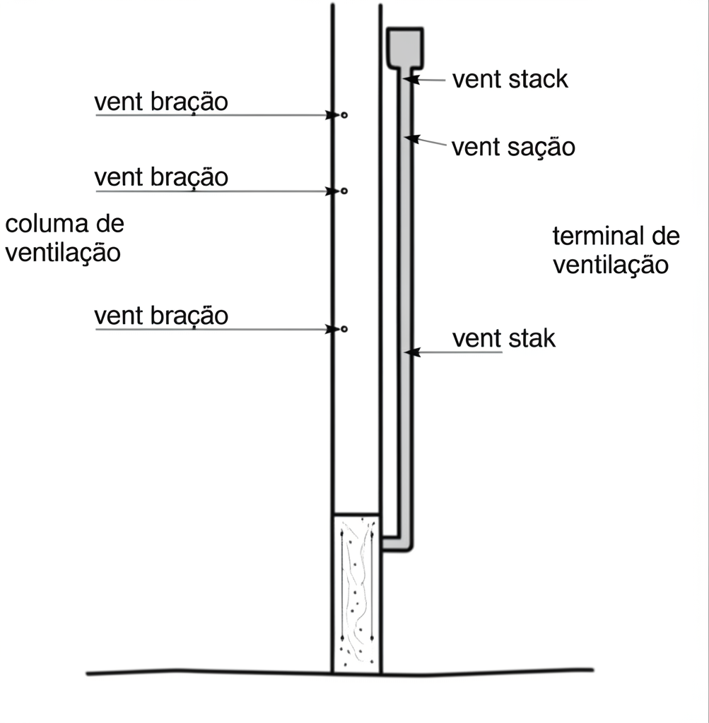Diagrama mostrando os diferentes componentes de um sistema de ventilação de esgoto, incluindo ramais de ventilação, coluna de ventilação e terminal de ventilação.