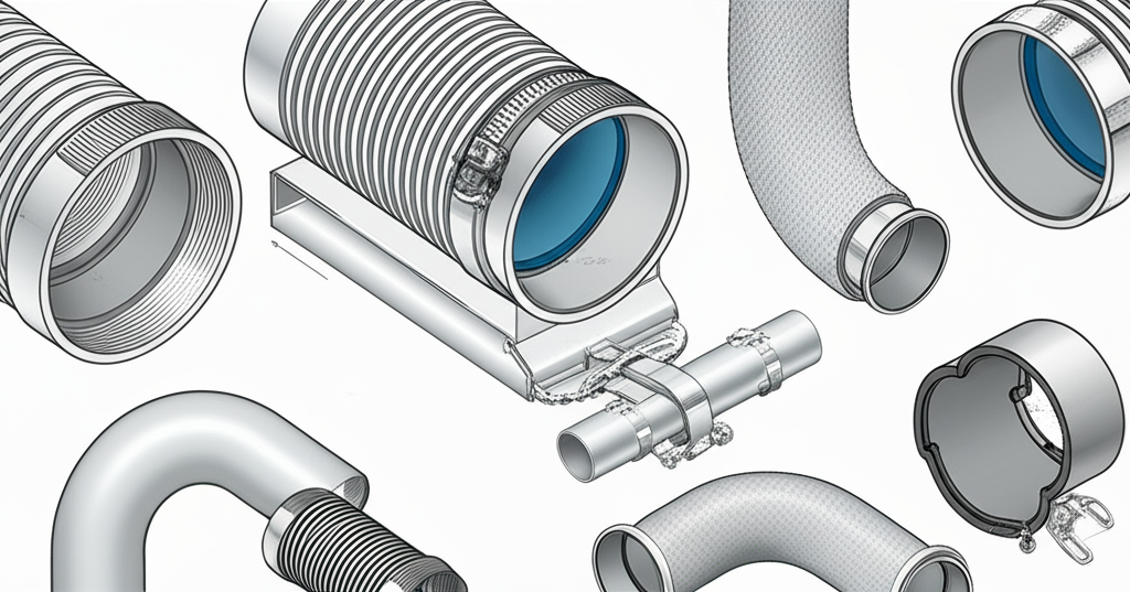 Ilustração de diferentes tipos de conexões e tubos utilizados na instalação e reparo de sistemas de ventilação em imóveis antigos.