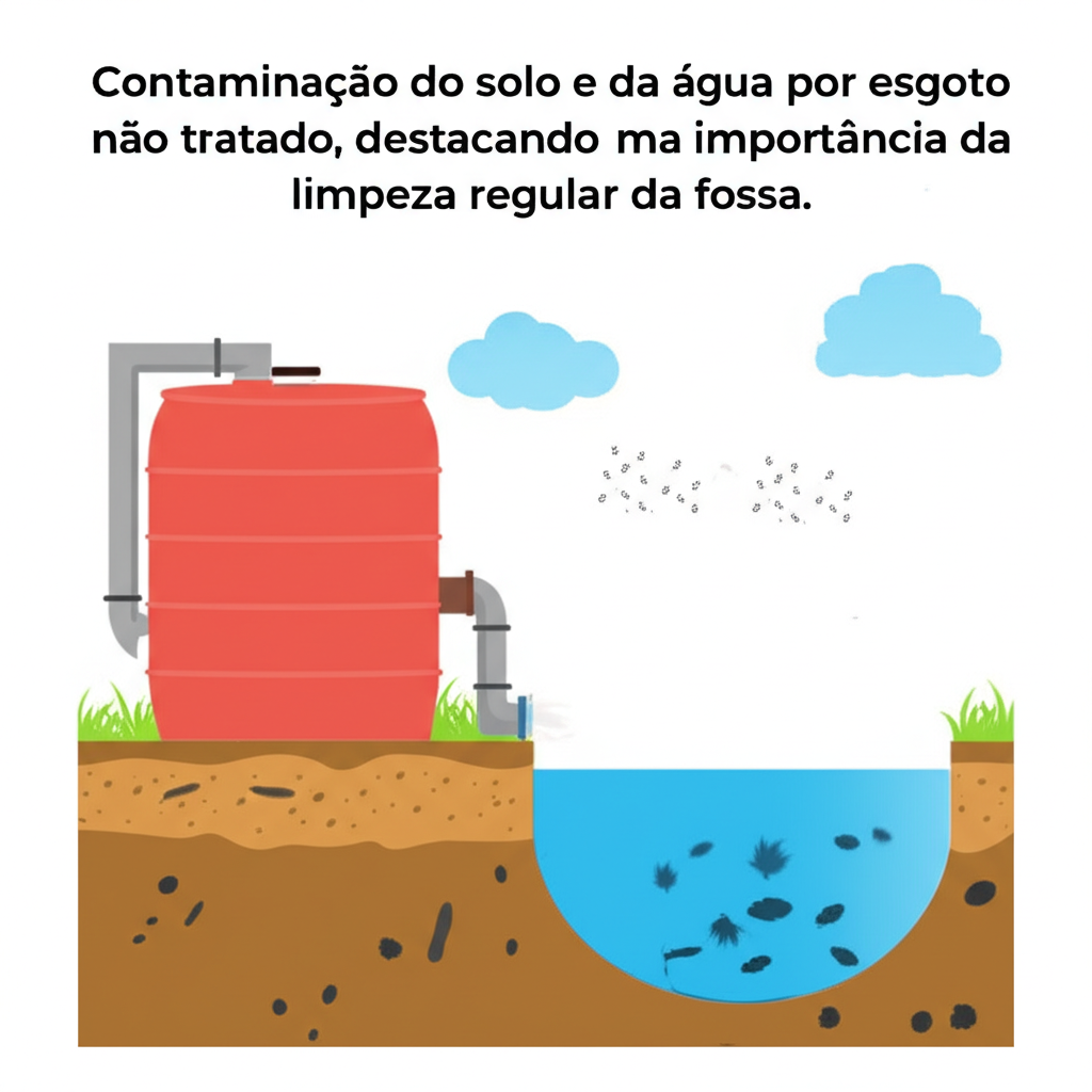 Contaminação do solo e da água por esgoto não tratado, destacando a importância da limpeza regular da fossa.