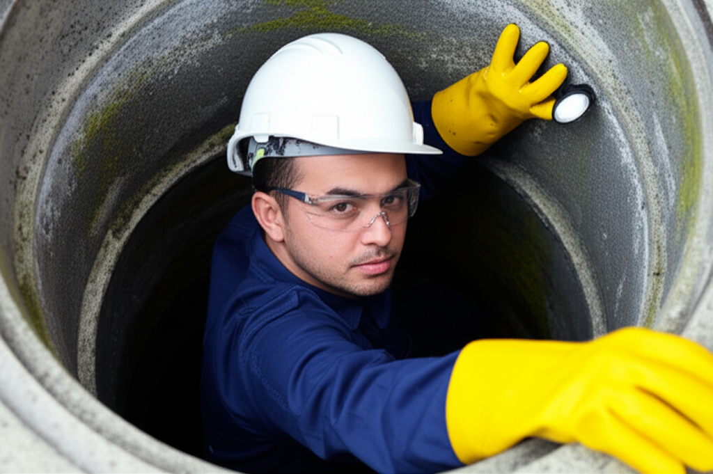 Profissional fardado e equipado inspecionando uma fossa séptica.