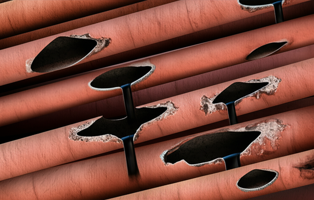 Ilustração de tubulações corroídas e danificadas devido ao uso de soda cáustica, mostrando os possíveis vazamentos e problemas estruturais.