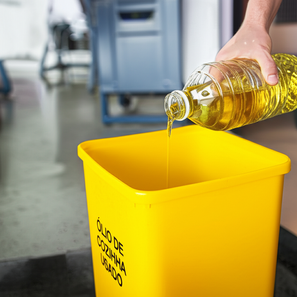 Pessoa descartando óleo de cozinha usado em recipiente adequado.