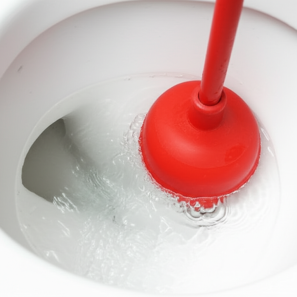 Imagem de um desentupidor de borracha sendo utilizado para desobstruir um vaso sanitário.