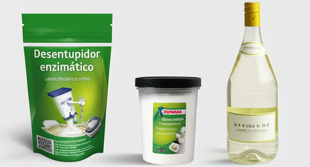 Desentupidor enzimático ao lado de ingredientes comuns como bicarbonato de sódio e vinagre, representando alternativas seguras.
