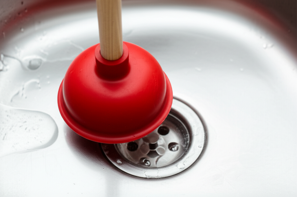 Desentupidor de borracha sendo usado em uma pia, representando uma solução manual para entupimentos.