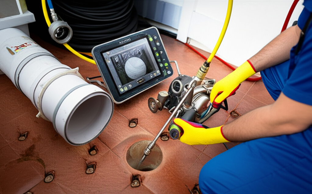 Imagem de um profissional desentupidor utilizando equipamentos de alta tecnologia para resolver um entupimento grave.
