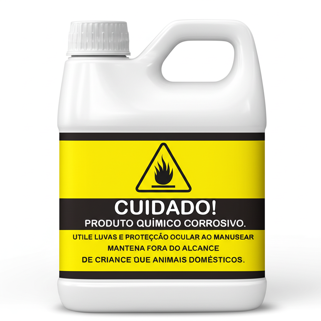 Frasco de desentupidor químico com rótulo de advertência, destacando os cuidados necessários ao manusear o produto.