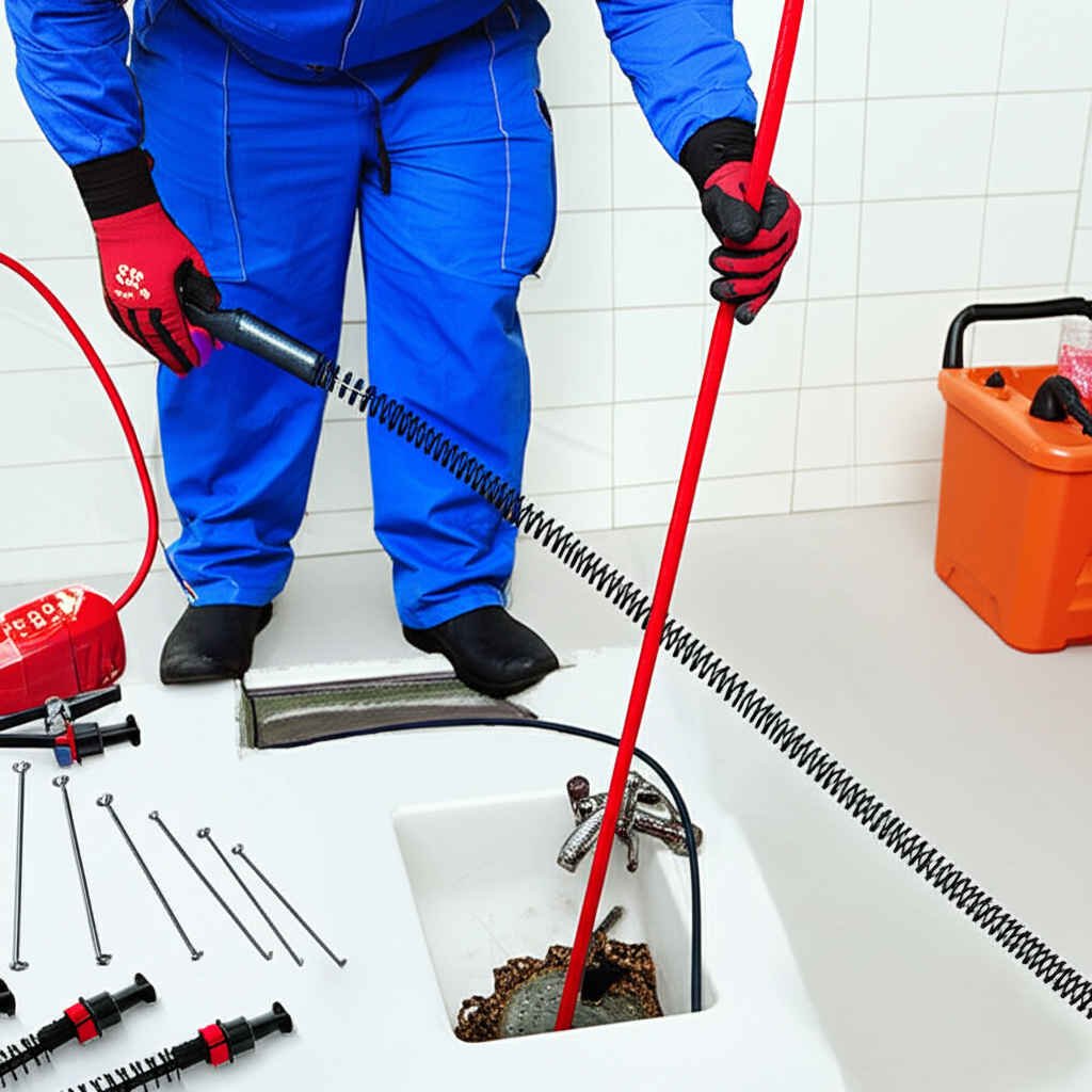 Profissional realizando desentupimento com equipamento especializado.