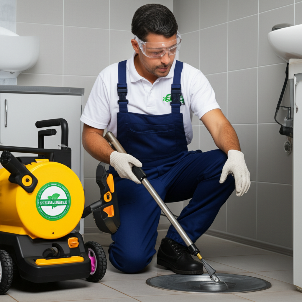 Profissional utilizando equipamento de desentupimento com selo de sustentabilidade.