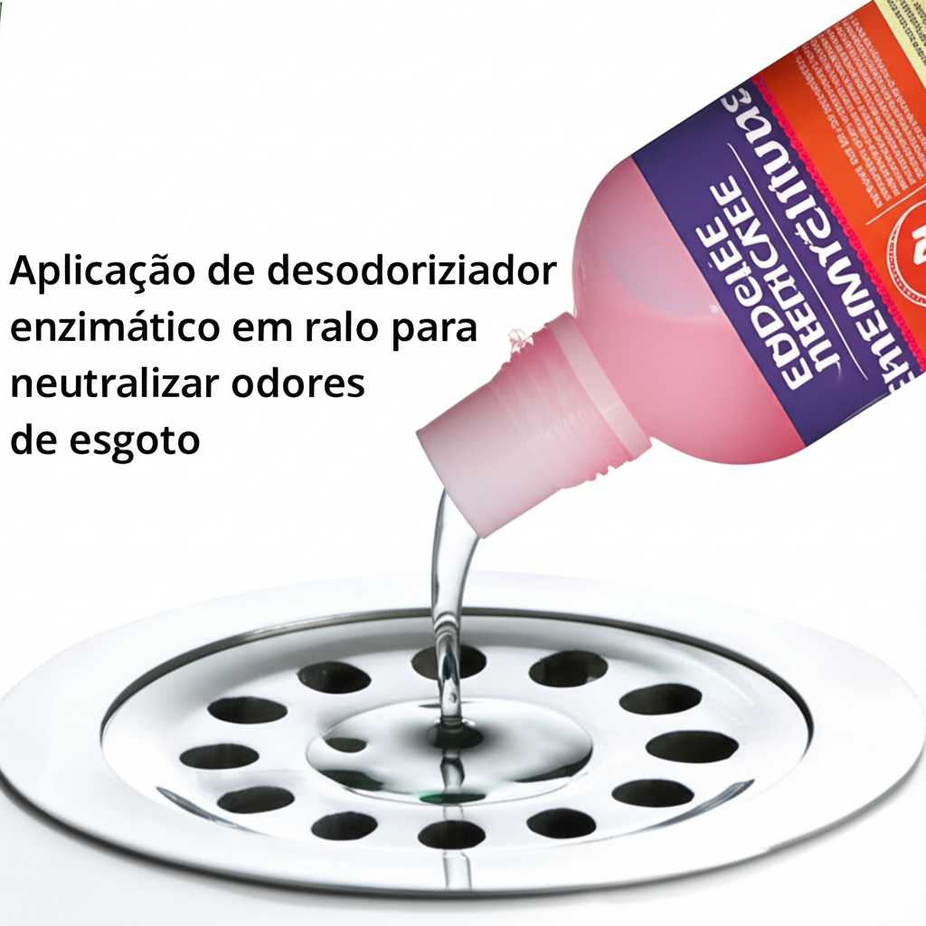 Aplicação de desodorizador enzimático em ralo para neutralizar odores de esgoto.