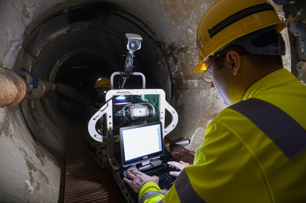 Profissional especializado em diagnóstico de problemas em sistemas de esgoto utilizando equipamentos de alta tecnologia.