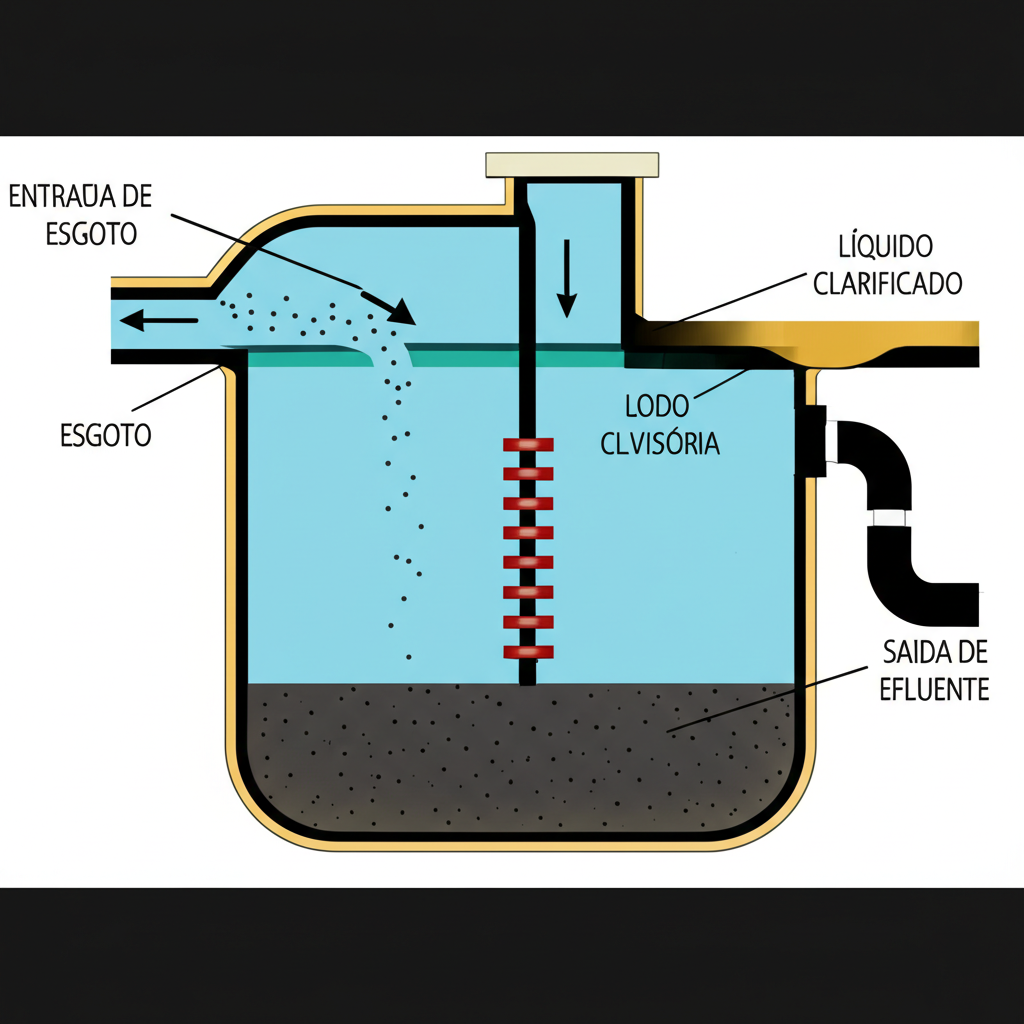 Diagrama esquemático do funcionamento de uma fossa séptica, mostrando as etapas de separação de sólidos, tratamento anaeróbico e saída do efluente.