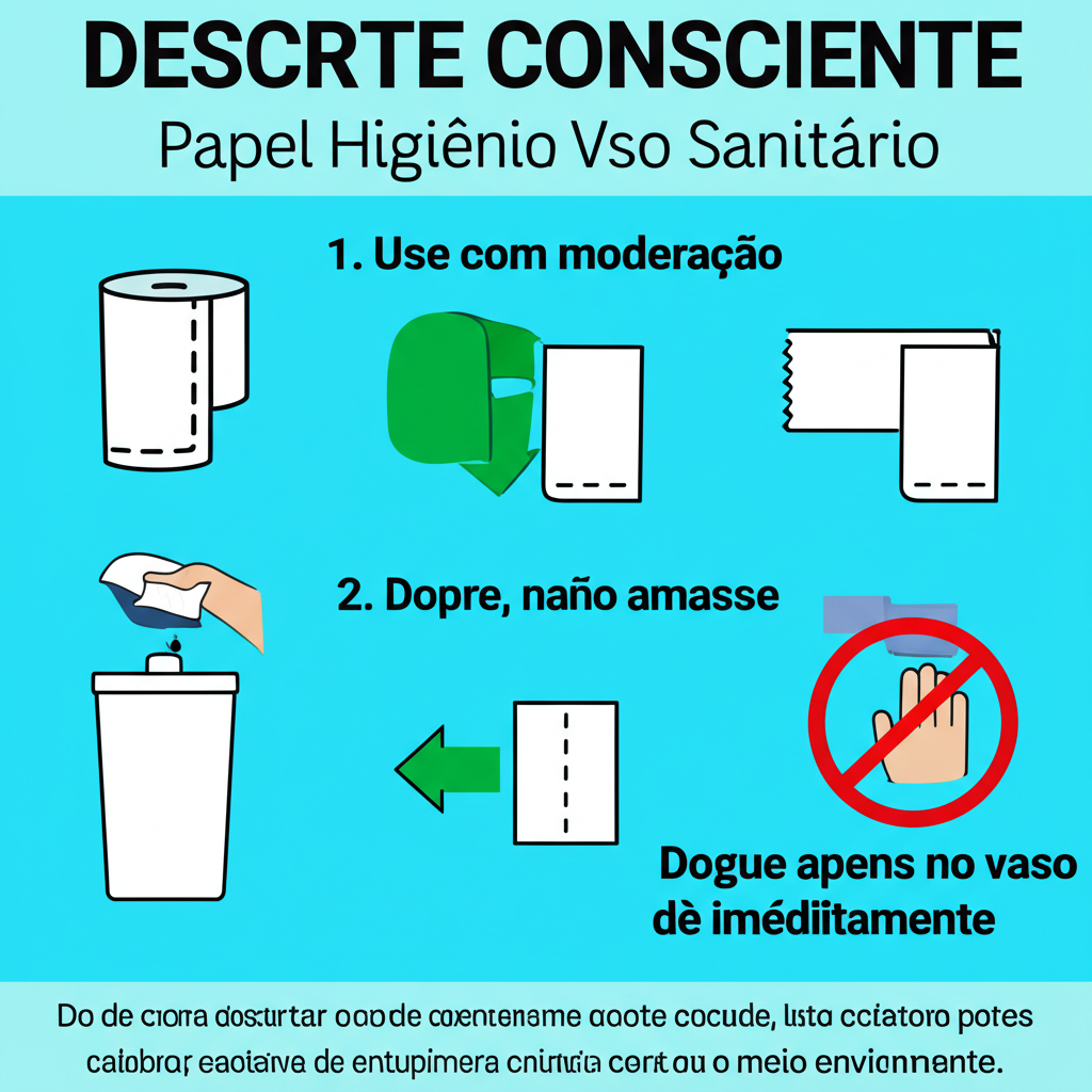 Infográfico com dicas ilustradas sobre como descartar corretamente o papel higiênico no vaso sanitário.