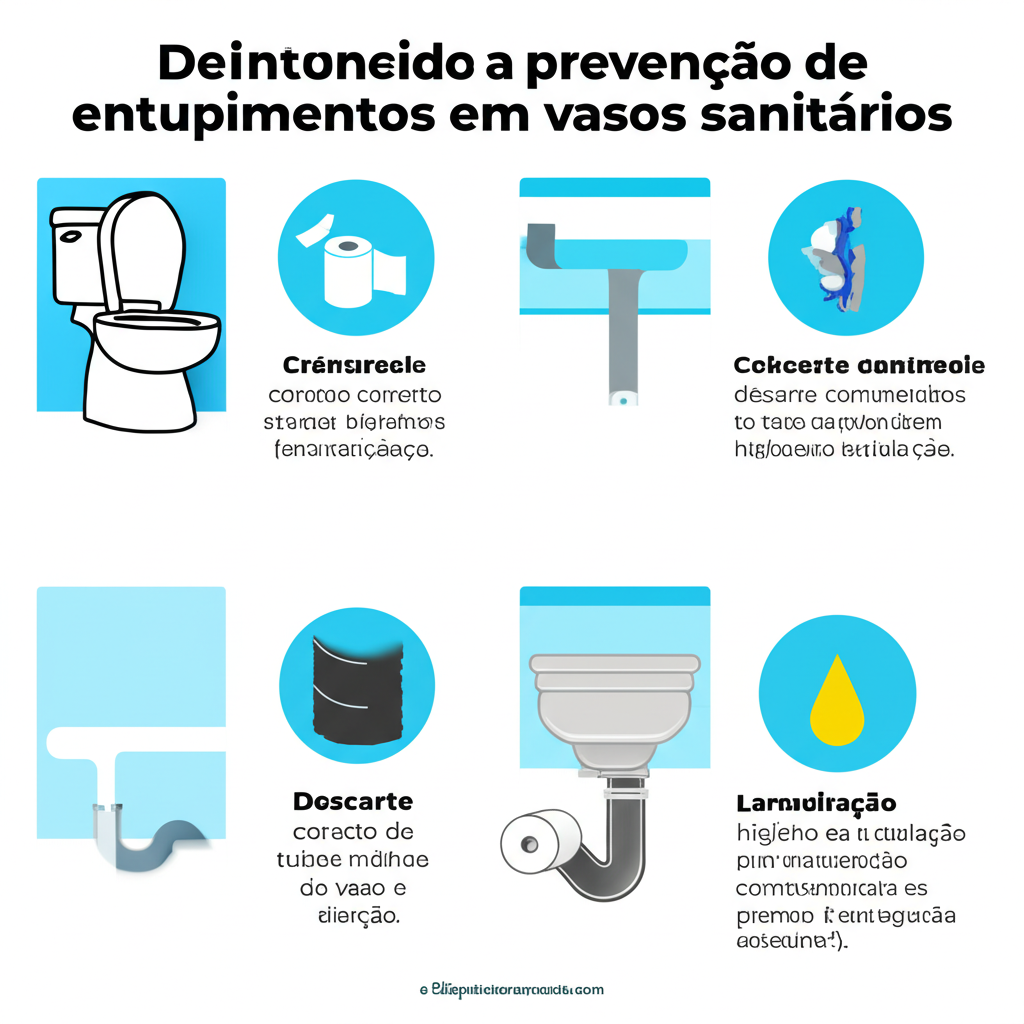 Infográfico com dicas de prevenção de entupimentos em vasos sanitários, incluindo o descarte correto de papel higiênico e a manutenção regular da tubulação.
