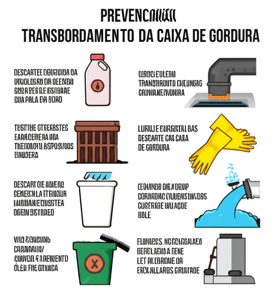 Infográfico com dicas práticas para prevenir o transbordamento da caixa de gordura, incluindo o descarte correto de óleo e a limpeza regular.