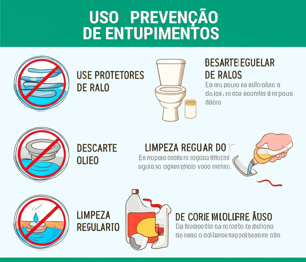 Infográfico com dicas de prevenção de entupimentos: uso de protetores de ralo, descarte correto de óleo, limpeza regular dos ralos, etc.