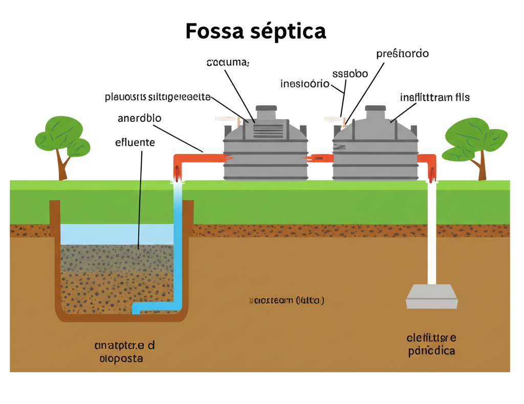 Ilustração de uma fossa séptica com indicação de componentes e boas práticas de uso.