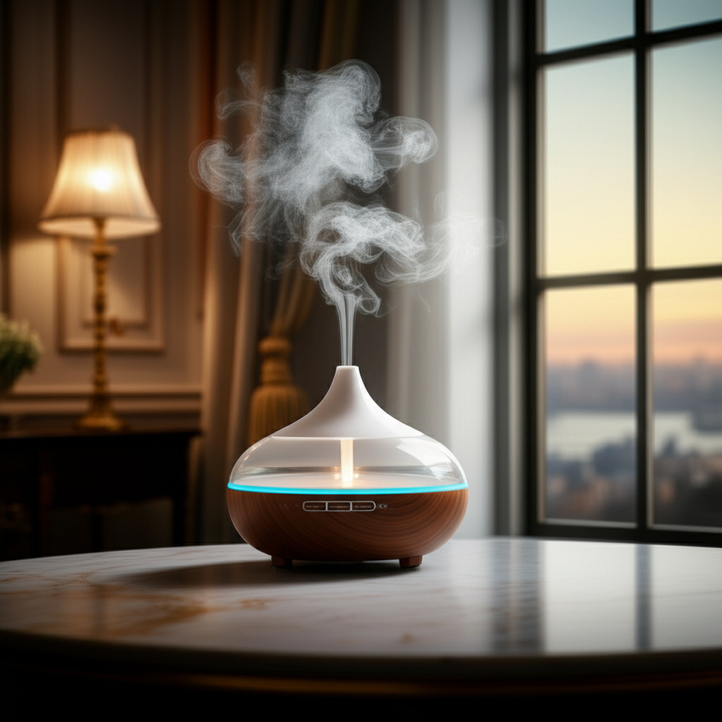 Imagem de um difusor de aromas em um ambiente luxuoso, simbolizando a importância da qualidade do ar para o bem-estar.