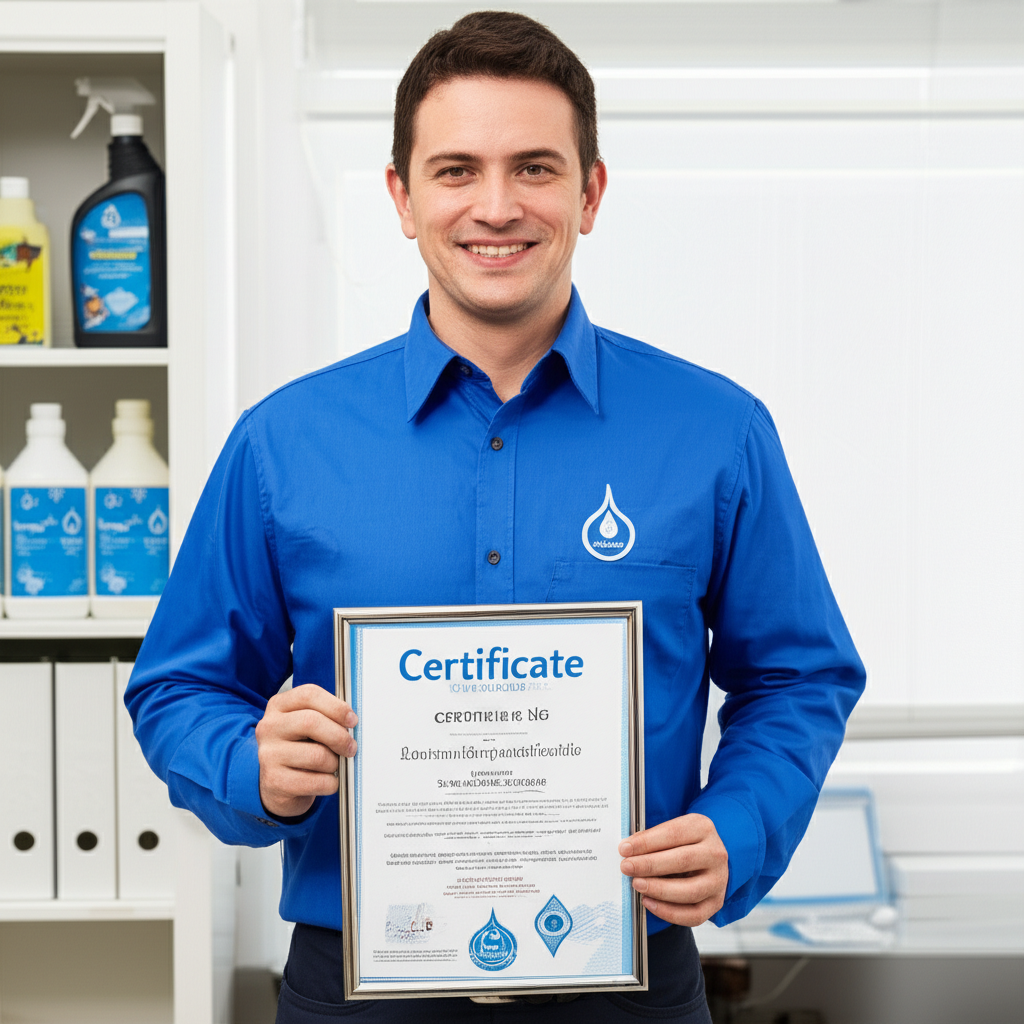 Profissional mostrando certificado de qualificação para serviços de limpeza e desinfecção de reservatórios de água.