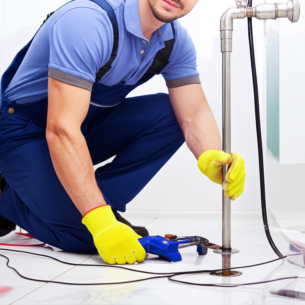 Encanador profissional utilizando equipamento especializado para desentupir ralo de forma segura e eficiente.