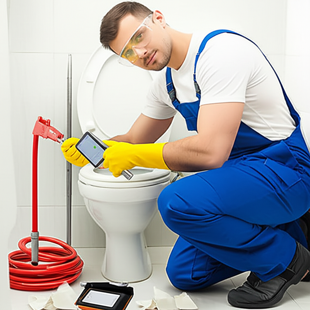 Imagem de um encanador profissional utilizando equipamentos especializados para desentupir um vaso sanitário, indicando a necessidade de ajuda profissional.