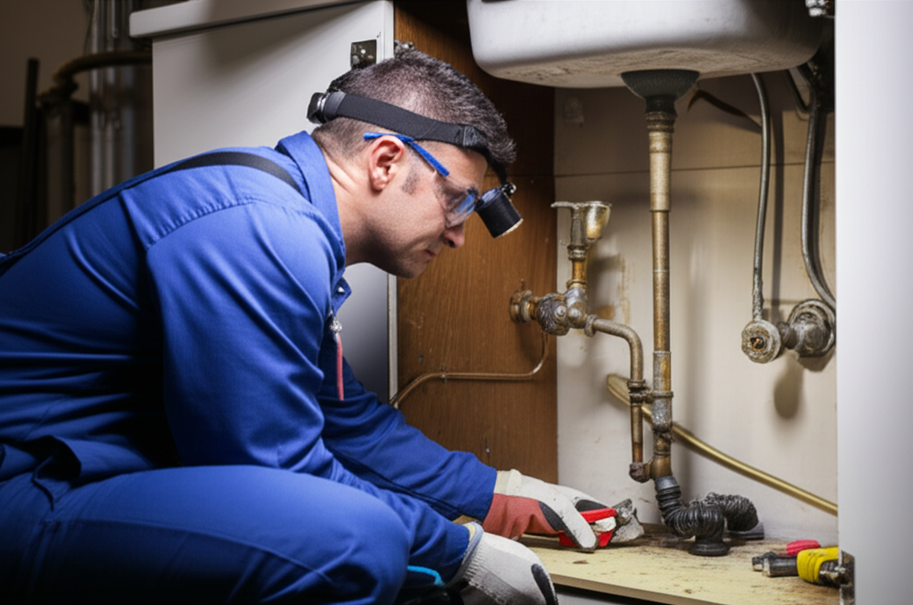 Encanador profissional examinando tubulação embaixo da pia, representando a solução para casos complexos.
