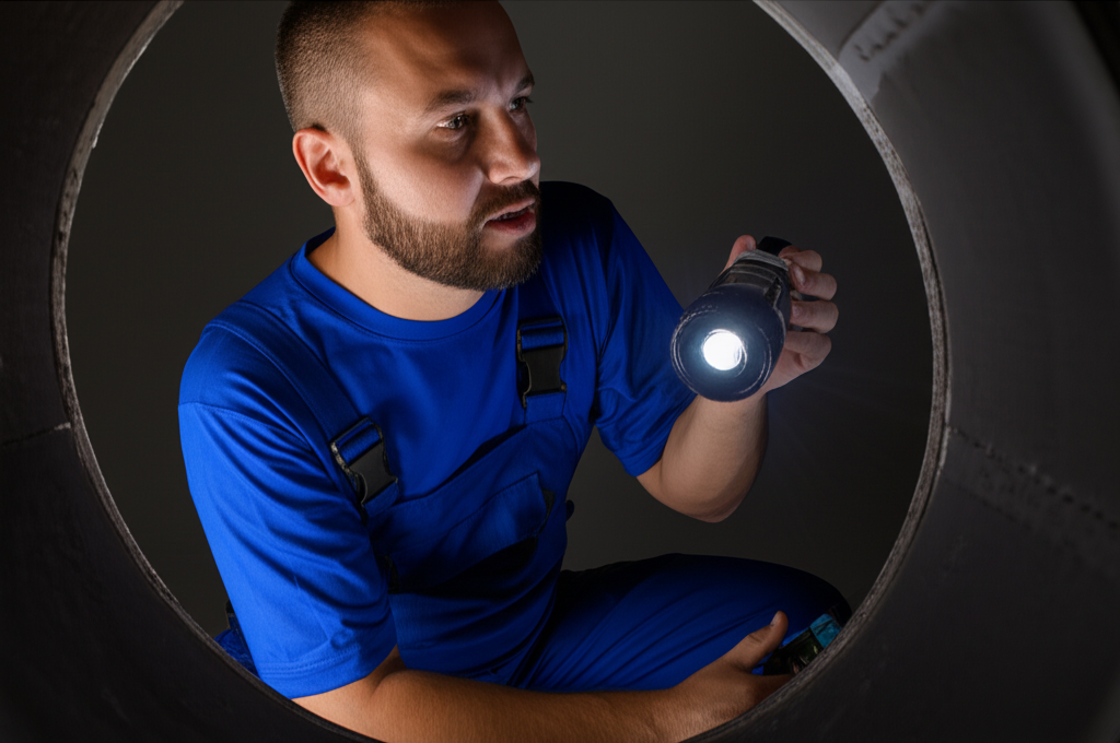 Um encanador inspecionando um cano com uma lanterna, procurando por rachaduras e vazamentos.