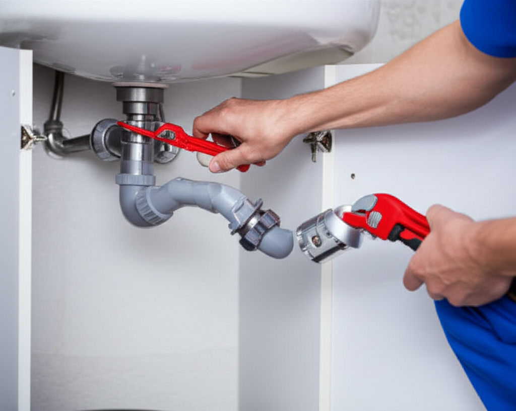 Encanador instalando um novo sifão em um banheiro, representando uma solução para o problema de cheiro de esgoto.