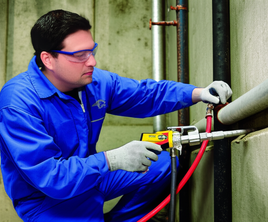 Encanador profissional utilizando equipamento especializado para desentupir uma tubulação.