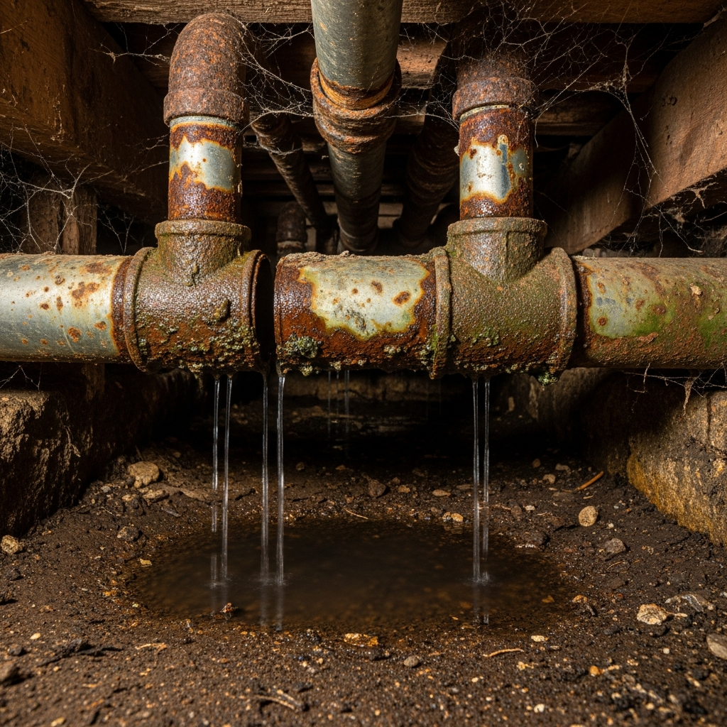 encanamento antigo corroído mostrando os desafios de esgoto em casas antigas