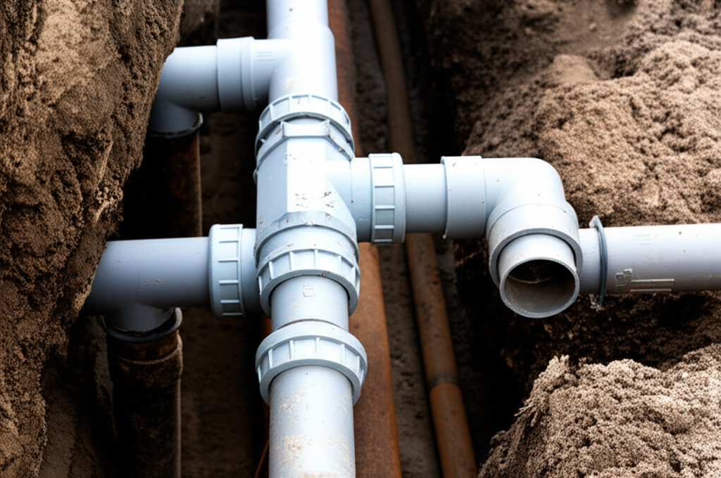 encanamento de PVC moderno substituindo tubulação antiga de ferro fundido