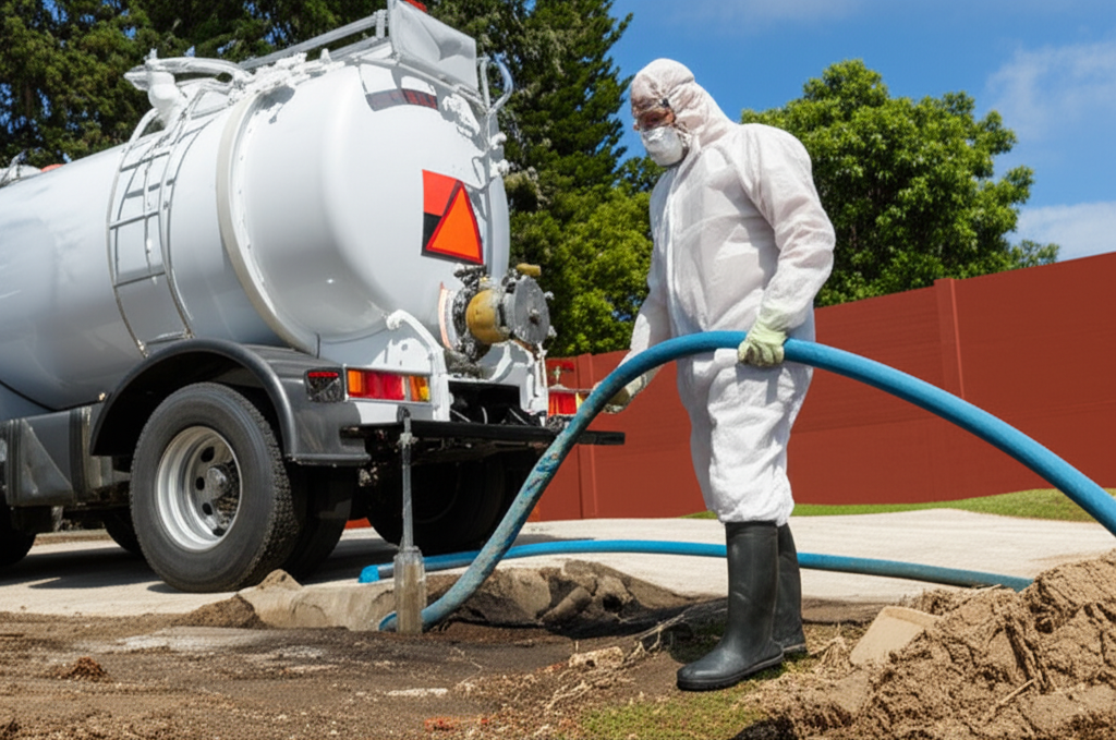 Profissional utilizando equipamento de proteção individual durante a limpeza de uma fossa séptica.