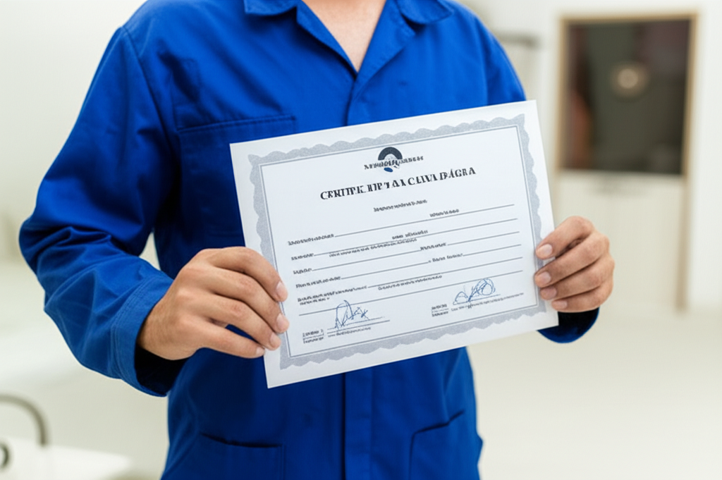 Profissional mostrando o certificado de limpeza da caixa d'água após a conclusão do serviço.