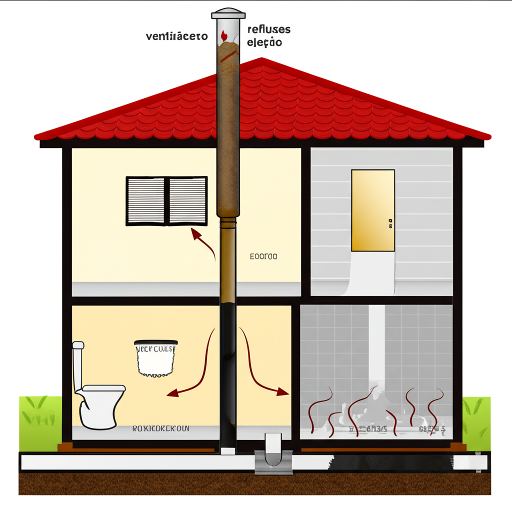 Ilustração de um sistema de esgoto antigo com tubulação de ventilação obstruída, causando refluxo e mau cheiro dentro da residência.