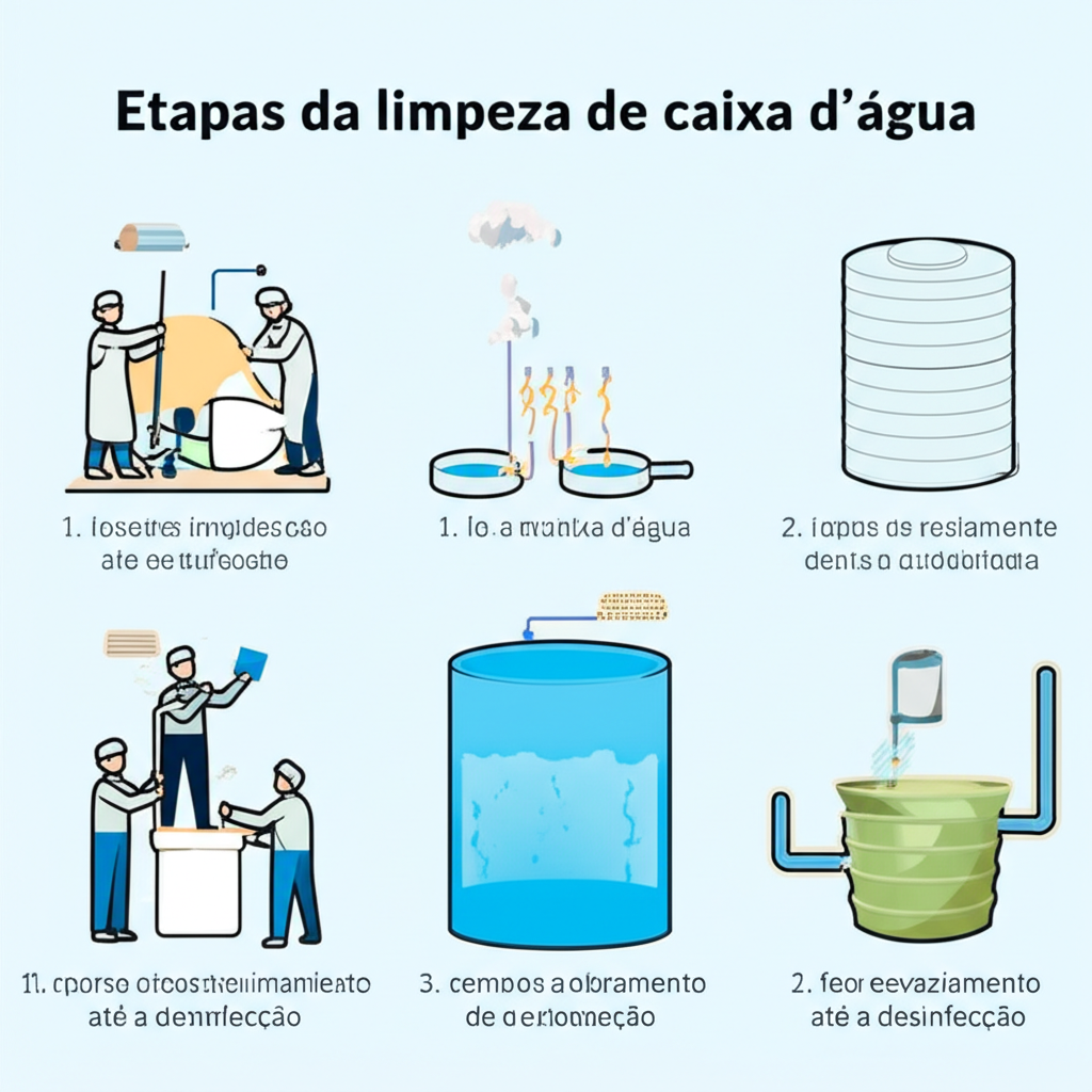 Etapas da limpeza de uma caixa d'água, desde a inspeção inicial até a desinfecção final, ilustrando o processo completo.