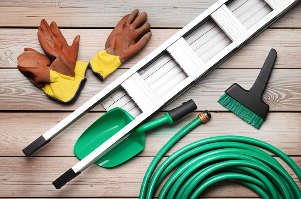 Variedade de ferramentas para limpeza de calhas, incluindo luvas, escada, pá e mangueira.
