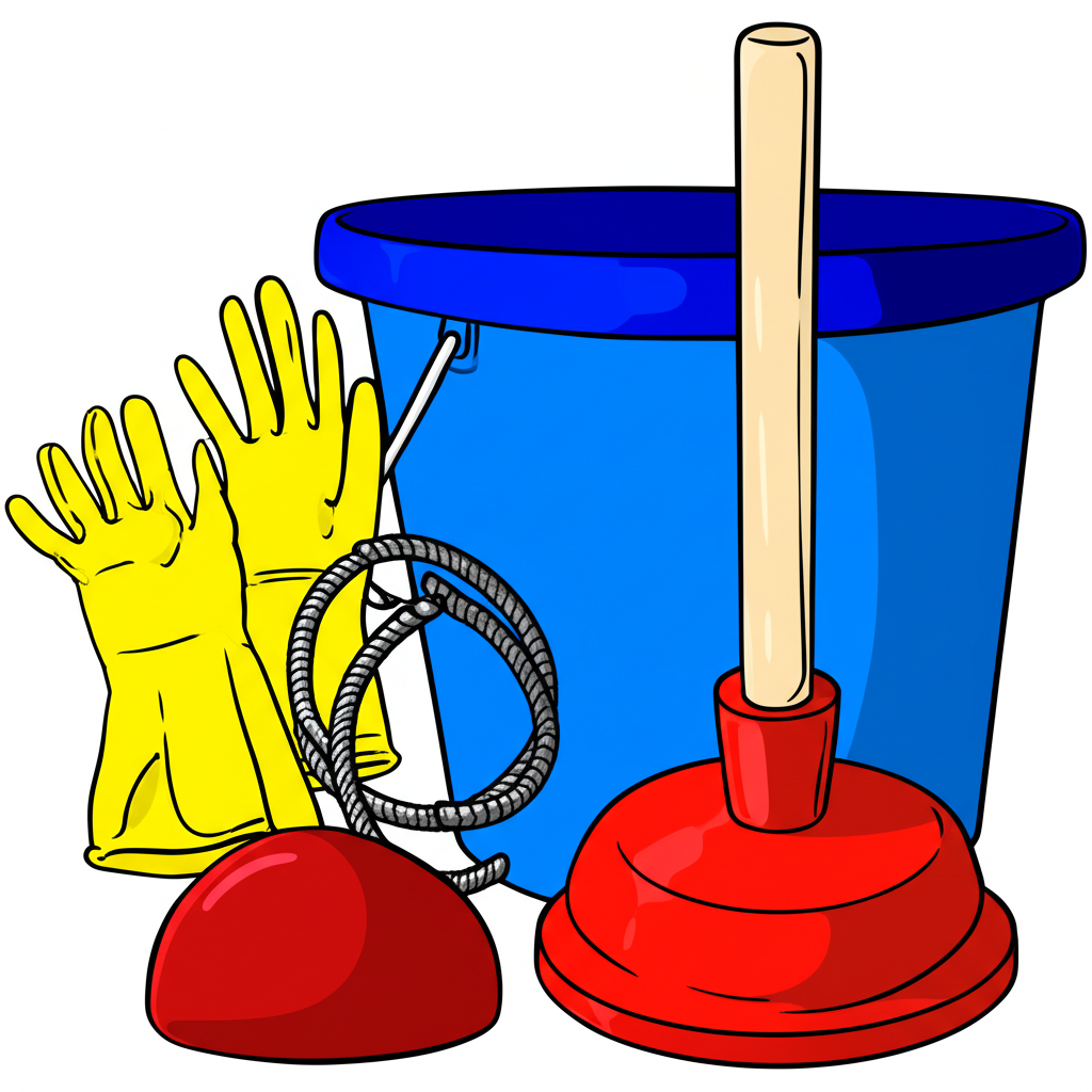 Imagem de diversas ferramentas utilizadas para desentupir vasos sanitários, como desentupidor de borracha, arame, luvas de proteção e balde.