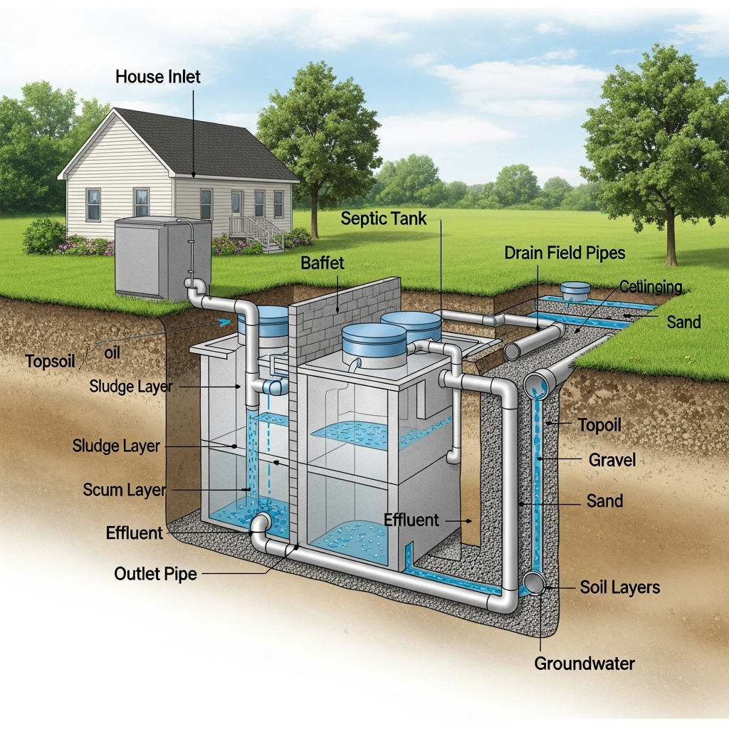 Ilustração de uma fossa séptica instalada em uma propriedade, mostrando suas diferentes camadas e componentes.