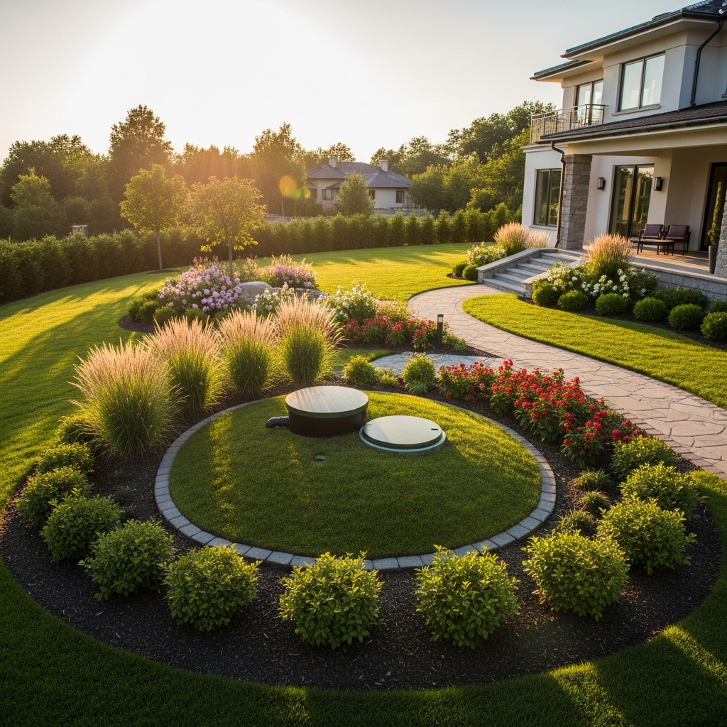 Fossa séptica moderna e discreta integrada ao paisagismo de uma propriedade de alto nível.