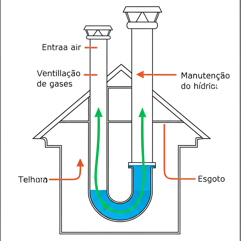 Ilustração do princípio de funcionamento da tubulação de ventilação de esgoto, mostrando a entrada de ar, a liberação de gases e a manutenção do selo hídrico.