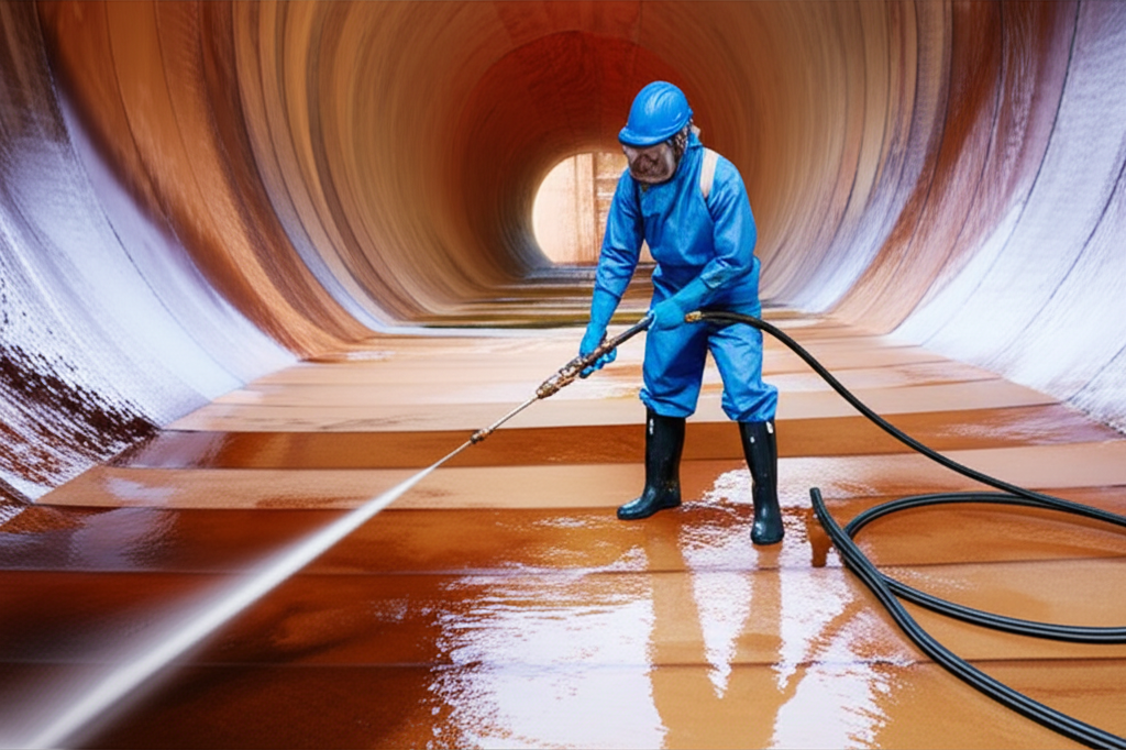 Profissional utilizando equipamento de hidrojateamento para limpar as paredes internas de um reservatório de água.