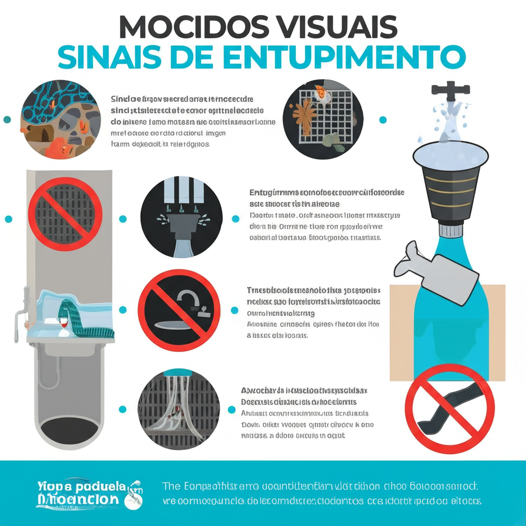 Infográfico com dicas visuais de como identificar sinais de entupimento e medidas preventivas.